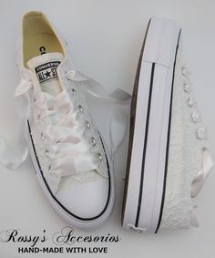 "Beautiful and Romantic wedding sneaker are a perfect accessories for your Special day..These Wedding Chuck Taylor All Star Platform Low Top White Converse ,are embellished with White Corded Lace fabric . Satin Ribbon shoe lace for tying . * 1 3/4\" platform. *Note that these shoes run in half-sizes. Handmade to order, so please allow me enough time before your wedding date. Orders are processed and shipped within 5-6 WEEKS of payment., large orders may take longer ..Please allow an additional 2 White Sneakers With Laces For Bridal Shower, White Low-top Wedding Shoes For Bride, White Low-top Wedding Shoes For Bridal Shower, White Round Toe Wedding Shoes For Destination Wedding, Elegant White Sneakers With Laces, Elegant Low-top Sneakers For Wedding, Elegant Low-top Wedding Sneakers, White Lace-up Wedding Shoes With White Laces, White Lace-up Wedding Shoes