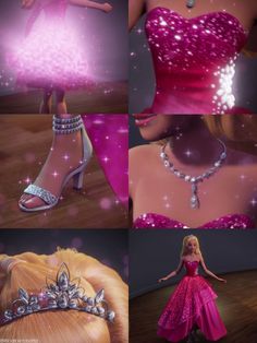 four different images of barbie dolls in pink dresses and high heels, one wearing a tiara