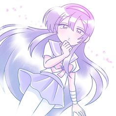 a drawing of a girl with long purple hair