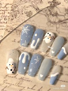 Snowman Nails, Fake Nails Designs, Cute Gel Nails, Blue Nail, Nail Decals, Cute Acrylic Nails