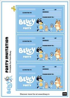 two blue party tickets with cartoon dogs and cats in the middle, one has a dog on