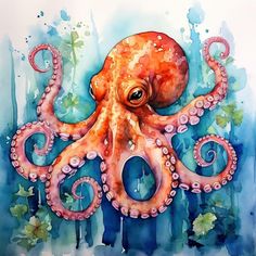 an octopus painting with watercolors on it's face and tentacles in the background