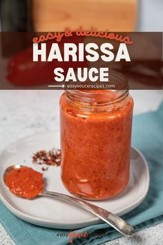 Red harissa sauce in a glass jar with a spoon. Harrisa Paste Recipes, Harrisa Sauce Recipes, Harissa Paste Recipe, Harissa Recipe, Harissa Sauce, Easy Sauce Recipe, Harissa Recipes, Cooking Bowl