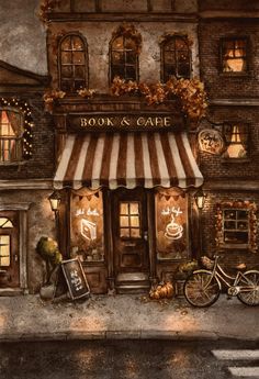 a painting of a book and cafe with bicycles parked outside the storefront at night