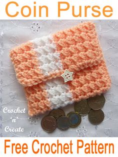 an orange and white crochet purse with coins