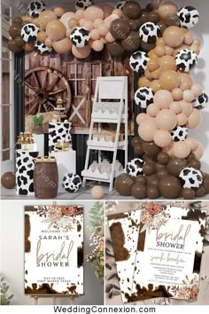 this is an image of a wedding shower party with balloons and cowgirl decorations on the wall