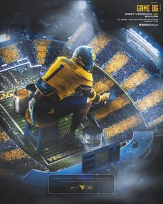 a football player is on the field in front of a stadium full of yellow and blue fans