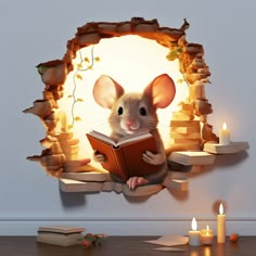 a mouse reading a book through a hole in the wall