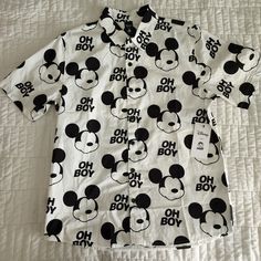 Neff X Disney Mickey Mouse Black And White Oh Boy Button Men's Down Shirt Size: Men's Small Nwt Pet And Smoke Free Home Cute White Mickey Mouse Shirt, Black Mickey Mouse Short Sleeve Shirt, Black Short Sleeve Mickey Mouse Shirt, White Disney Shirt For Summer, Black Disney Cotton Shirt, White Cotton Disney Shirt, Cotton Mickey Mouse Short Sleeve Shirt, Fun Short Sleeve Mickey Mouse Shirt, Fun Mickey Mouse Short Sleeve Shirt