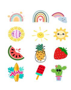 an assortment of stickers that include fruit, watermelon, sun and rainbows