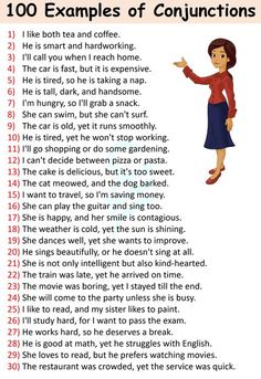 a cartoon character with the words 100 examples of conjunctions