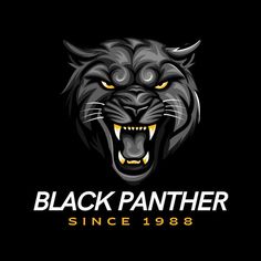 the black panther logo with yellow eyes and fangs on it's face is shown