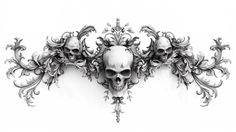 an intricately decorated wall with skulls and flowers on it's face, in black and white