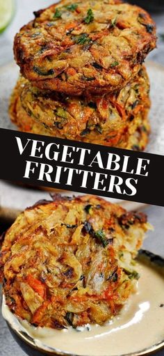 three vegetable fritters stacked on top of each other with the words vegetable fritters above them