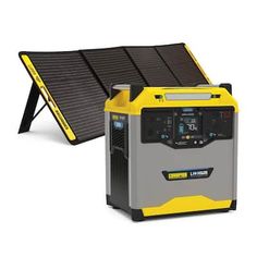 a yellow and gray portable generator sitting next to a black and white wall mounted solar panel