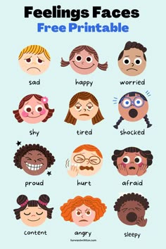 printable of 12 cartoon faces depicting different emotions including sad, happy, hurt, angry, sleepy Feelings Activities Preschool, Feelings Flashcards, Feelings Preschool, Toddler Feelings, Feelings Faces, Preschool Charts, Teaching Emotions, Emotions Preschool, Emotions Posters