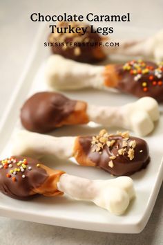 chocolate caramel turkey legs on a white plate