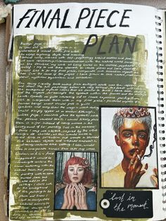 an open book with pictures and writing on it that says,'final piece plan '