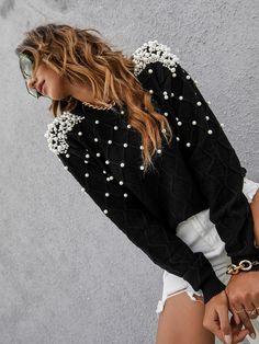 Black Elegant  Long Sleeve Acrylic Plain Pullovers Embellished Slight Stretch Spring/Fall Women Knitwear Beaded Sweatshirt, Classy Jumpsuit, Embellished Sweatshirts, Solid Color Sweater, Pink Blazer, Ribbed Knit Sweater, Knitting Women Sweater, Long Sleeve Knit Tops, Winter Mode