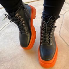 Sizing Suggestions: (Runs Slightly Big) Model Is Sz 9 Wearing 8.5 Patent Leather Upper With Lace Up And Burnt Orange Sole Bottom Boots And Skirt Outfit Black Women, Fall Boots 2024, Sneaker Shelf, Black Street Fashion, Funky Footwear, Embellished Boots, Inspiring Pics, Stylish Black Women, Orange Boots