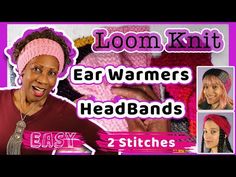 a woman wearing a pink knitted headband with text that reads, loom knit ear warmers headbands