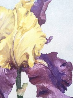 a watercolor painting of a yellow and purple flower