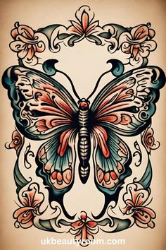 a tattoo design with a butterfly on it's wings and flowers in the middle