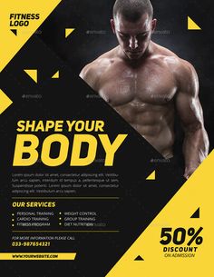 a flyer for a bodybuilding gym with an image of a man's torso