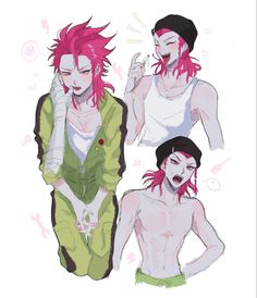 three anime characters with pink hair and green clothes, one holding a cell phone to his ear