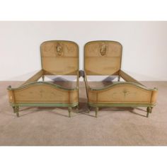 Pair ANTIQUE 1920s Barbola French Louis XVI ROMANTIC Painted Shabby Twin Beds  Pair ANTIQUE 1920s Barbola French Louis XVI ROMANTIC Painted Shabby Twin Beds.  This STUNNING Pair of French Louis XVI Romantic Painted Twin Beds are being offered in overall very good, gently pre-owned condition.  The Beds measure 79" Inches long by by 42" Inches deep.  Headboard height s 45 1/2" Inches tall.  The Footboard Height is 23" Inches.  Skirt Height is 7 1/2" Inches.  It's getting harder and harder to find any of these anymore!   A beautiful Set of Beds !  You will not be disappointed.   We have the matching Tall Chest / Highboy and Long Chest w/ Mirror to the set.  They are posted separately. Twin Headboard, Twin Beds, Tall Chest, Twin Bed, Louis Xvi, Vintage Collection, Twins, Mirror, Skirt