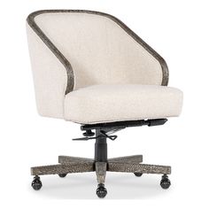 an office chair with wheels and casteors on the back, in white fabric upholstered