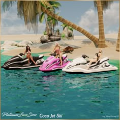 three women are sitting on jet skis in the water near palm trees and an island