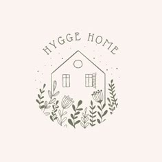 the logo for hygge home is shown in green and white colors, with an image of a house surrounded by plants