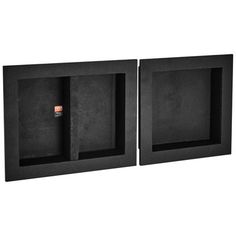 two black speakers sitting side by side on a white background, one is closed and the other is closed