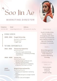 a pink and white resume with a woman's profile on the front, she is wearing