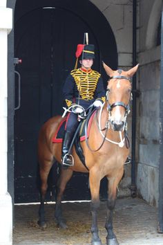 a man riding on the back of a brown horse in front of a black door