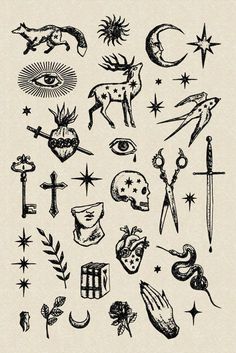 an old fashioned tattoo design with various symbols