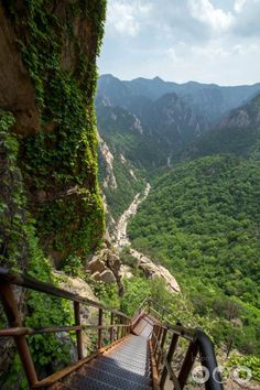 stairs lead up to the top of a mountain with green trees and mountains in the background