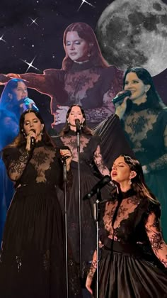 three women singing into microphones in front of an image of the moon and stars