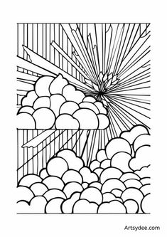 a coloring page with the image of clouds and sunbeams in black and white