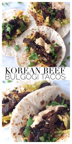 korean beef bulgogi tacos with sauce and lettuce on top