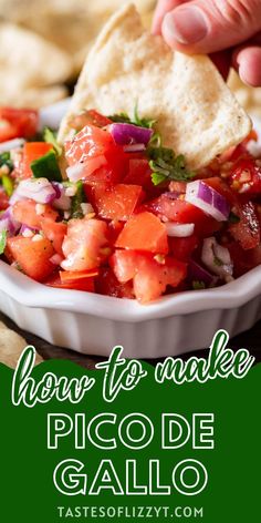 a hand dipping a tortilla into a bowl filled with pico de gallo