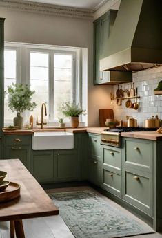 a kitchen with green painted cabinets and white tile backsplash, potted plants on the window sill