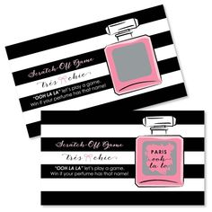 two black and white striped business cards with pink perfume bottles on them, one in the middle