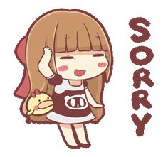 a girl with long hair holding a stuffed animal in her hand and the word sorry on it