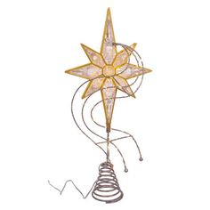 a metal wire star decoration with lights on it's sides and an iron spiral base