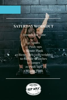 a woman doing squat exercises in front of a brick wall with the words saturday workout