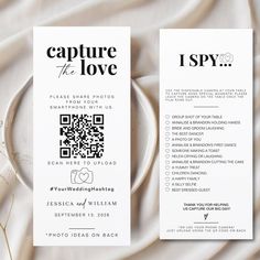 a white plate with a qr code on it next to a card that says capture the love