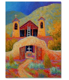 an oil painting of a church in the mountains