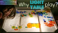 a child playing with an illuminated table in the middle of a room, and text overlay that reads why light table?